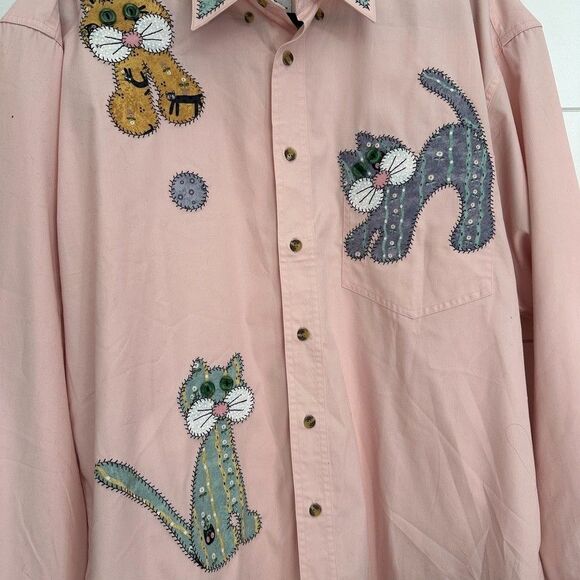 Vintage Rivers End Mens Large Button Down Long Sleeve Shirt Cat Pink Embroidered - Picture 3 of 4